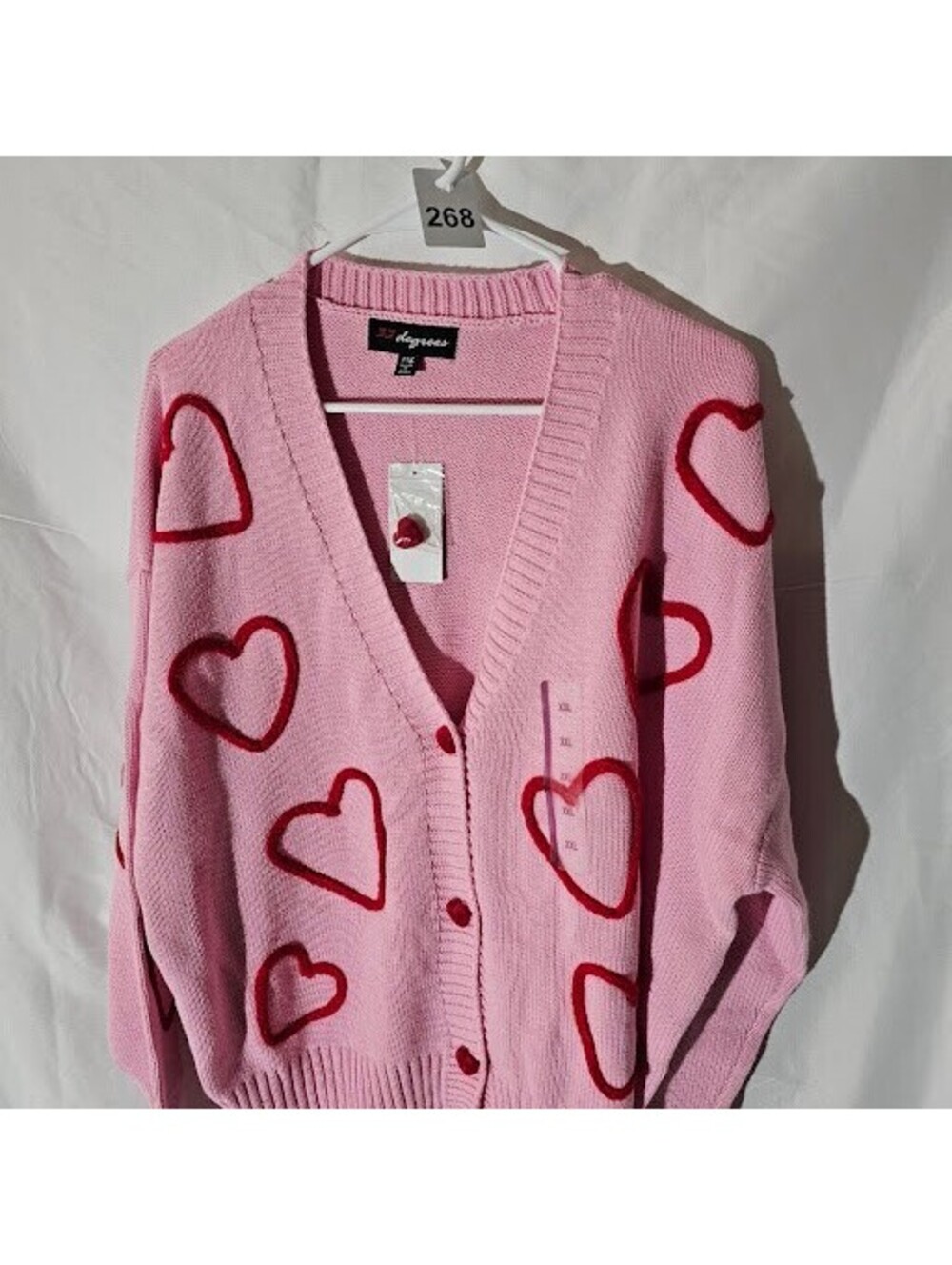 #0268 33 Degrees Pink Knit Cardigan with Red Heart Patterns XXL